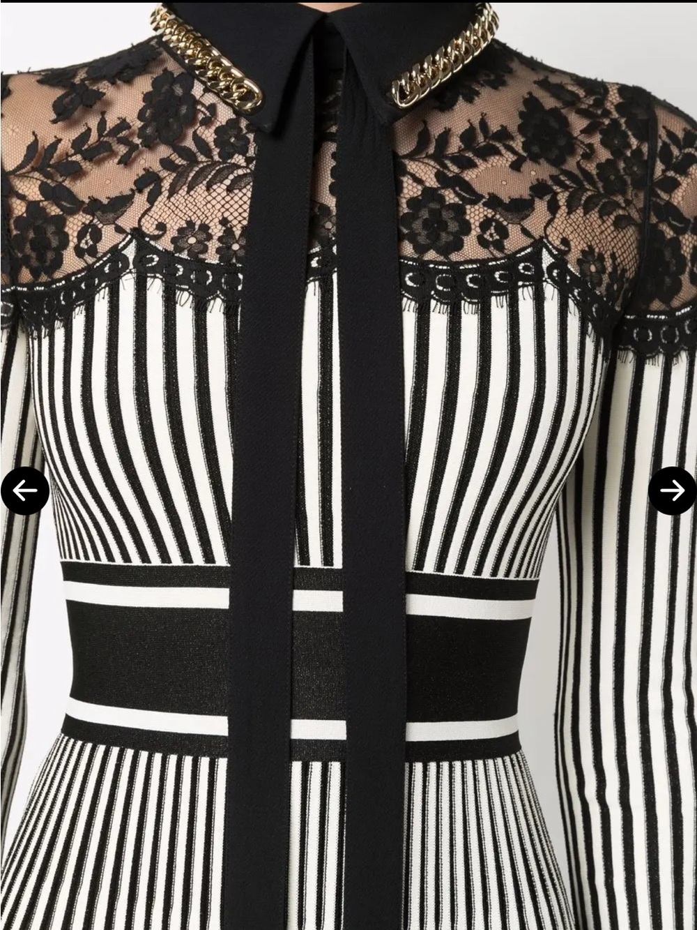 ELIE SAAB Floral Lace Knitted Long Sleeve Dress Black White Striped Chain Collar - Picture 2 of 16